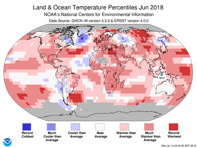 Much warmer than average, or record-warmest, temperatures dominated the globe during June 2018. (NCEI graphic)
